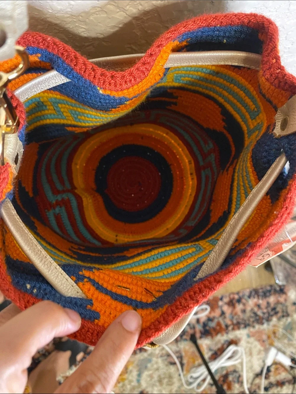 NWT Wapa Handmade Colorful Woven Bucket Bag w/leather Gold Strap